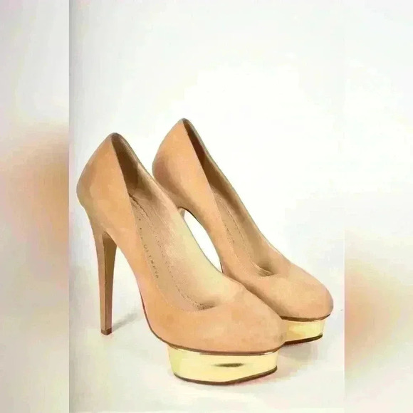 CHARLOTTE  OLYMPIA Beige Gold Metallic Dolly High Heel Suede Pumps 38.5EU Italy - Picture 7 of 8